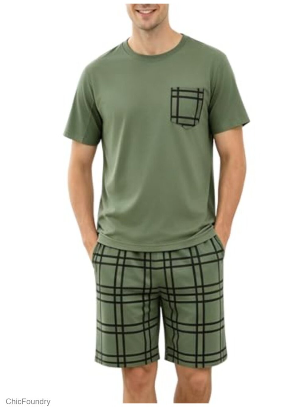 Men's 2-Piece Pajama Set Short Sleeve Plaid Shorts Pocket Polyester Spandex